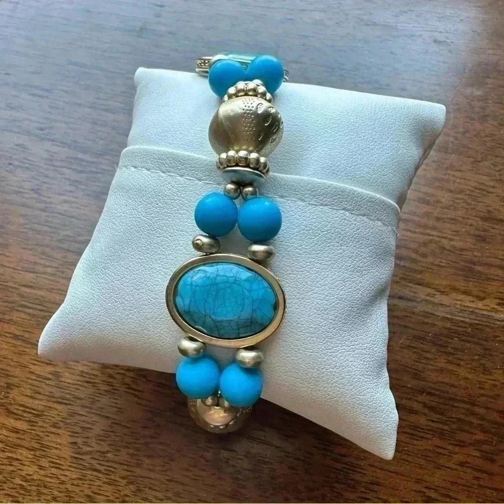 Turquoise Blue and Gold Stretch Bracelet - Picture 2 of 2